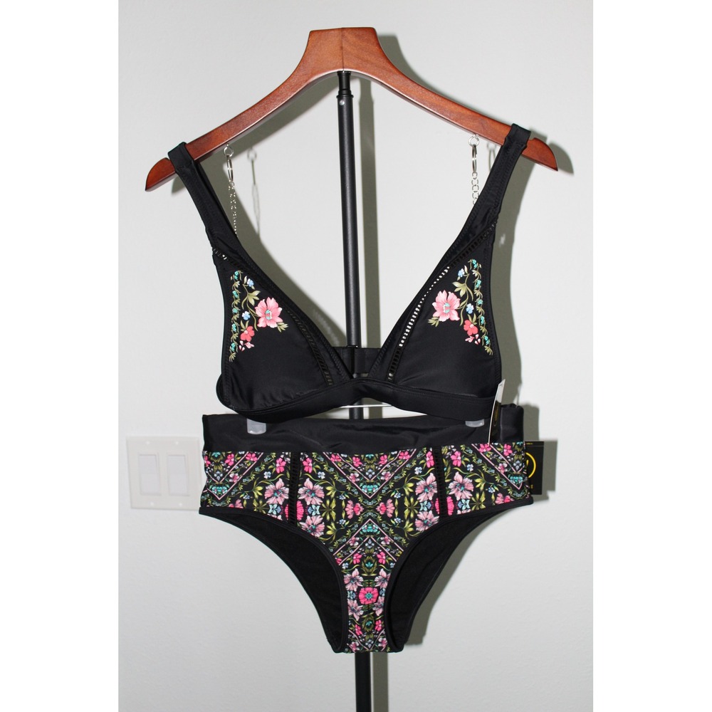 Body Glove Enya Retro Bikini Set Black Floral Embroidered High Waist S/M NWT